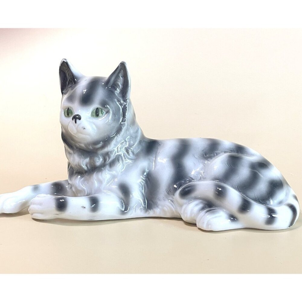 Vintage Thuringia Porcelain Tabby Cat Figurine Gray White Stripe Green Eyes Germ